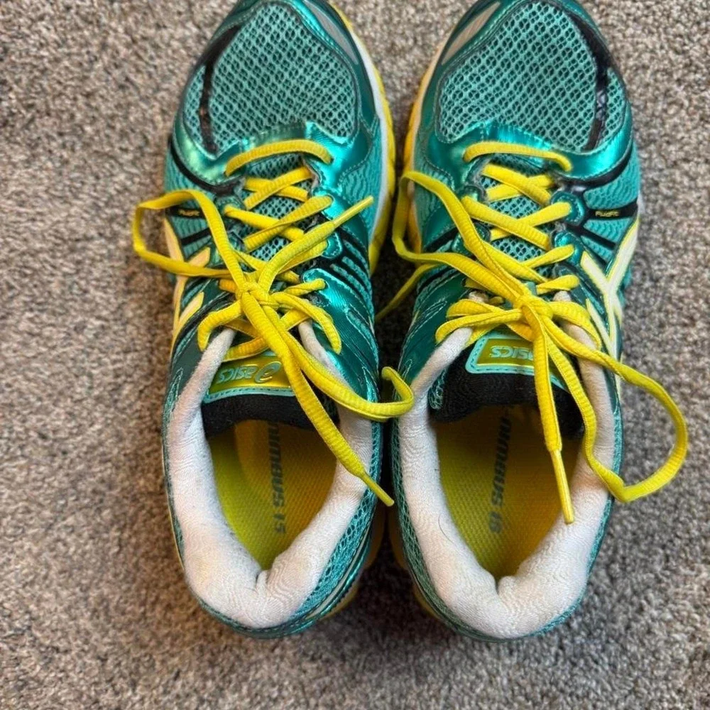 ASICS GEL Nimbus 15 Running Shoes Sneakers Womens 8 Green Yellow White